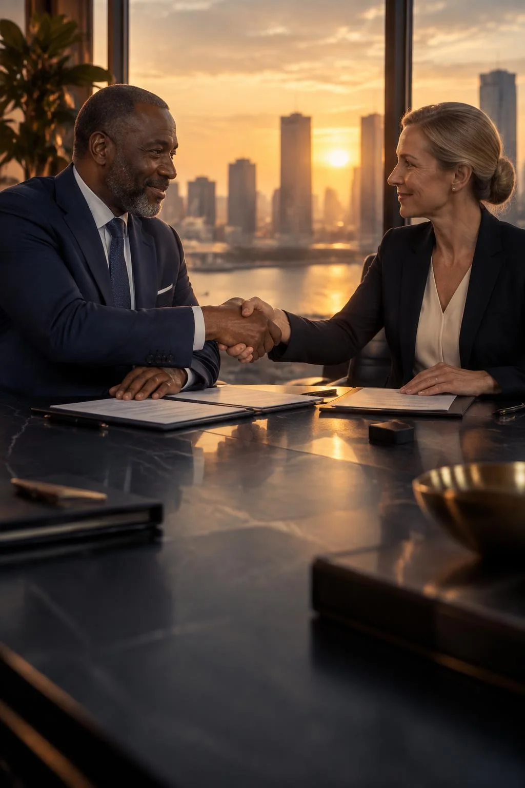 Executives shaking hands across a boardroom table