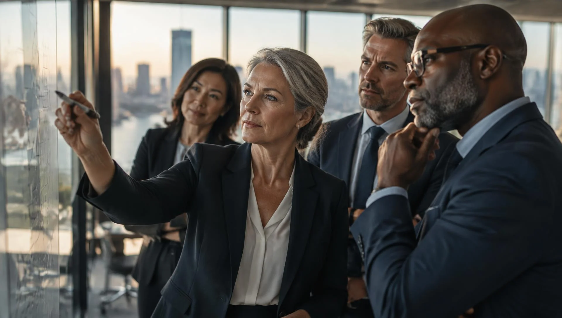Senior executives collaborating at a glass wall during a strategy session