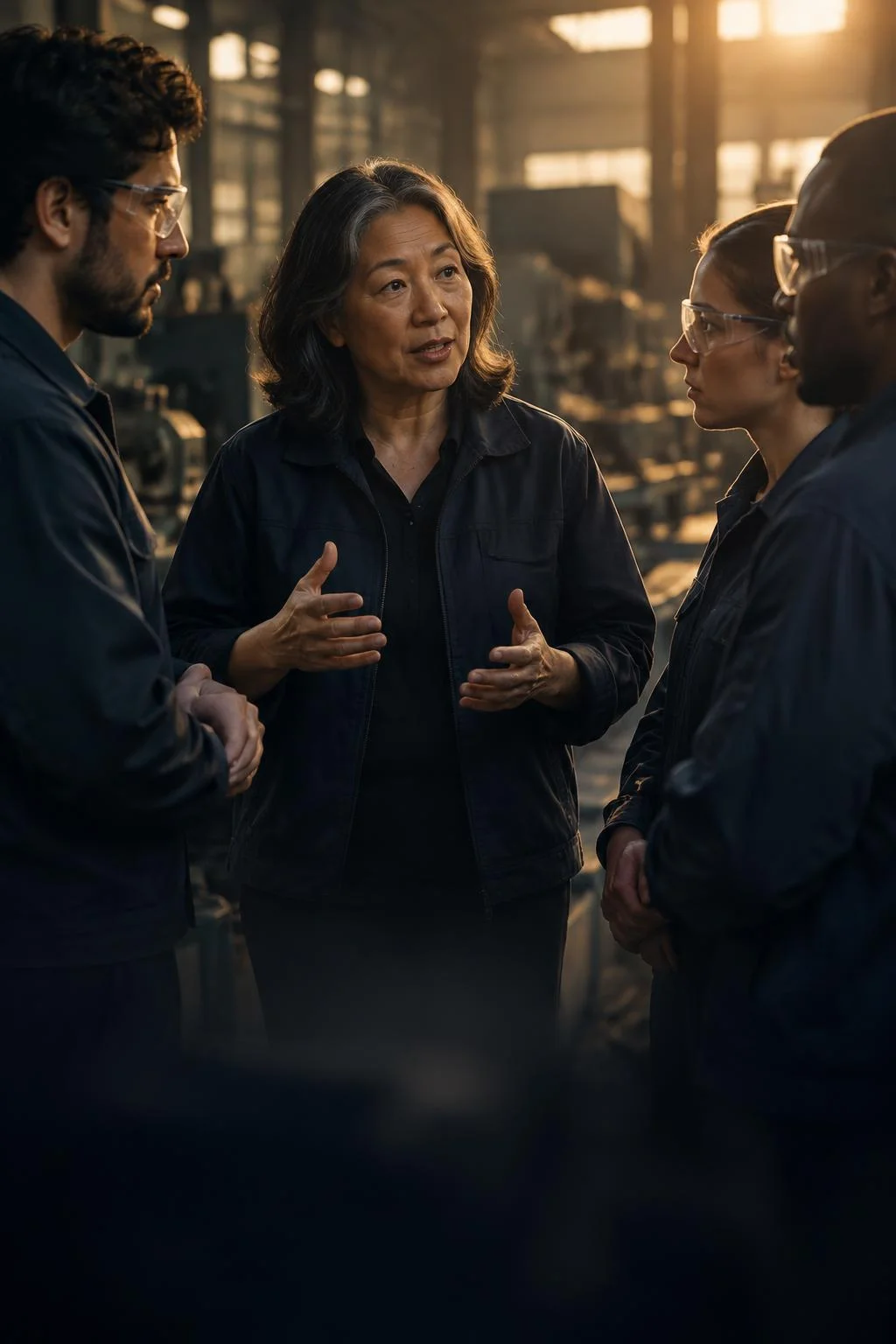 Leader coaching her team on a shop floor
